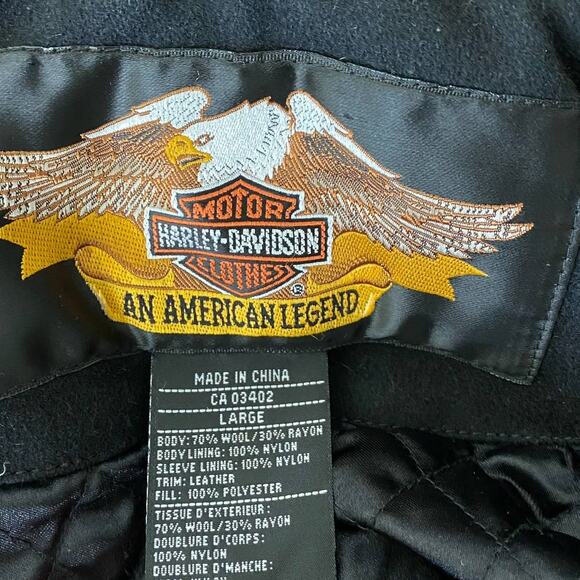HARLEY -DAVIDSON Mens' Wool and Leather Trim Zip Up Motorcycle Jacket Size Large - Picture 6 of 8